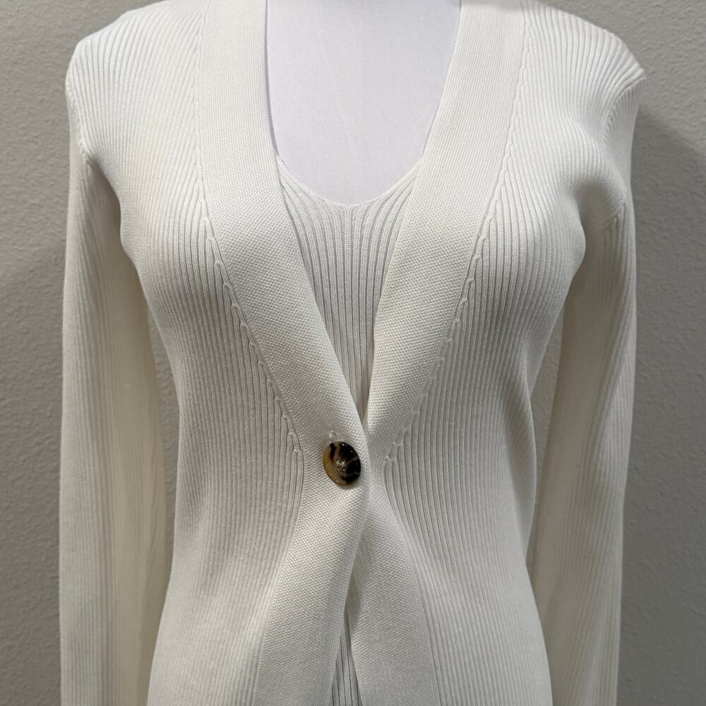 White Ivory Ribbed Knit Longline Cardigan & Midi Dress Set Minimal Chic Small - Picture 4 of 10